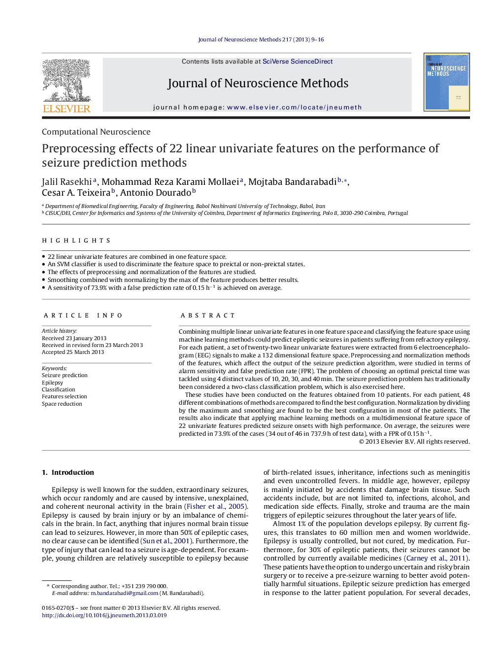 Preprocessing effects of 22 linear univariate features on the performance of seizure prediction methods