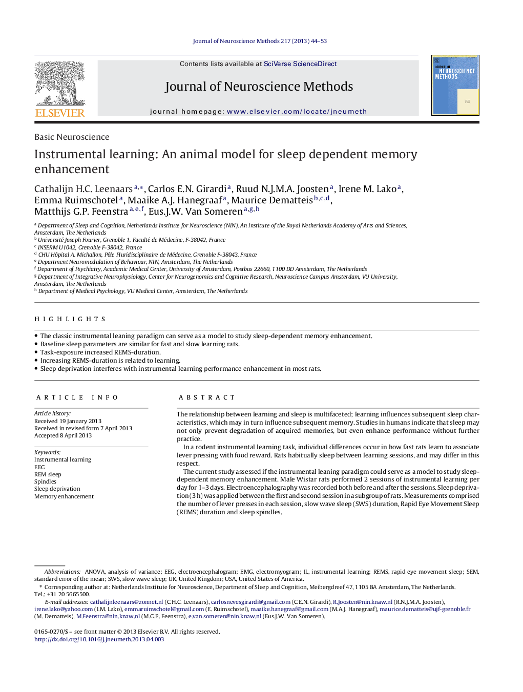 Basic NeuroscienceInstrumental learning: An animal model for sleep dependent memory enhancement