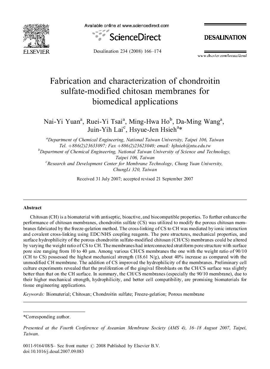 Fabrication and characterization of chondroitin sulfate-modified chitosan membranes for biomedical applications