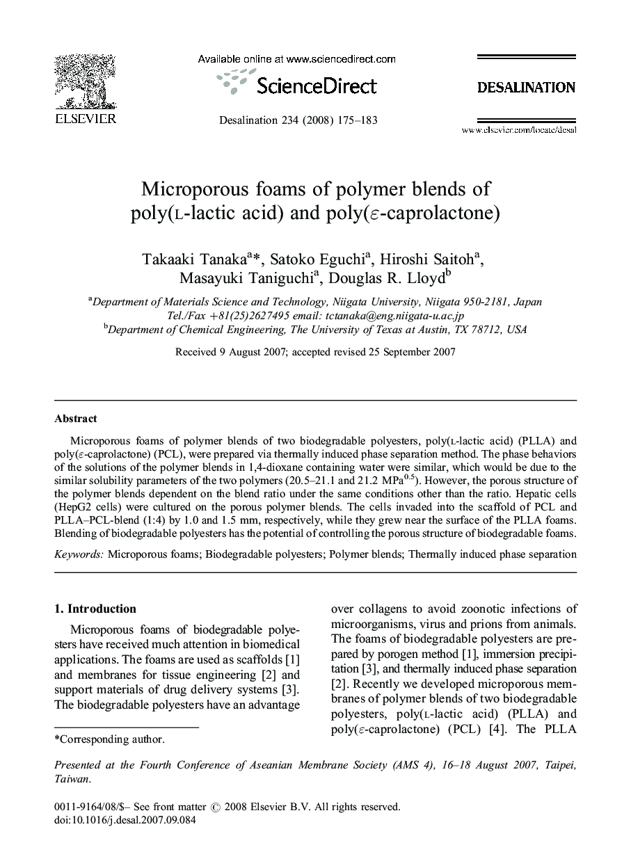 Microporous foams of polymer blends of poly(L-lactic acid) and poly(ε-caprolactone)