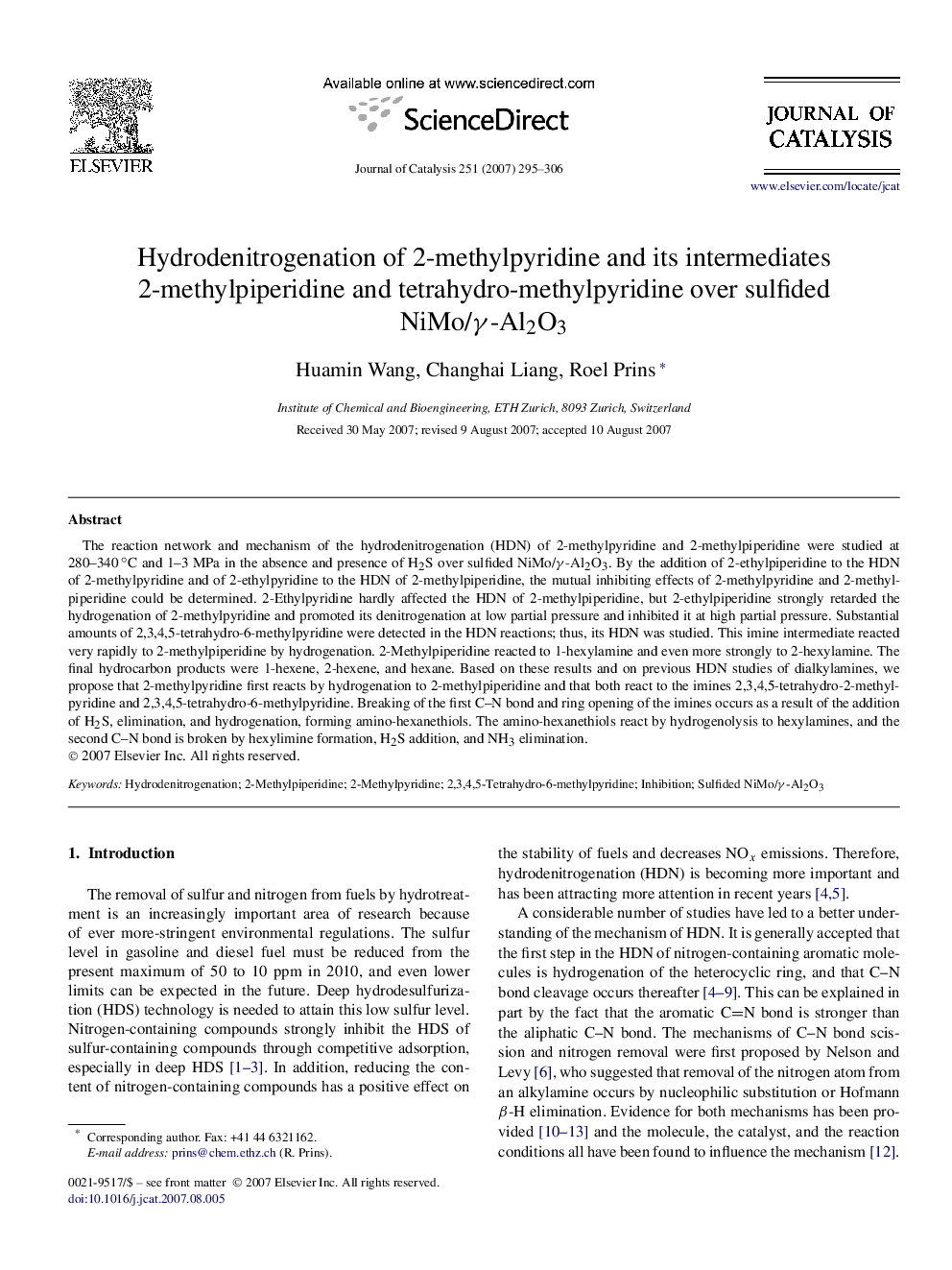 Hydrodenitrogenation of 2-methylpyridine and its intermediates 2-methylpiperidine and tetrahydro-methylpyridine over sulfided NiMo/γ-Al2O3