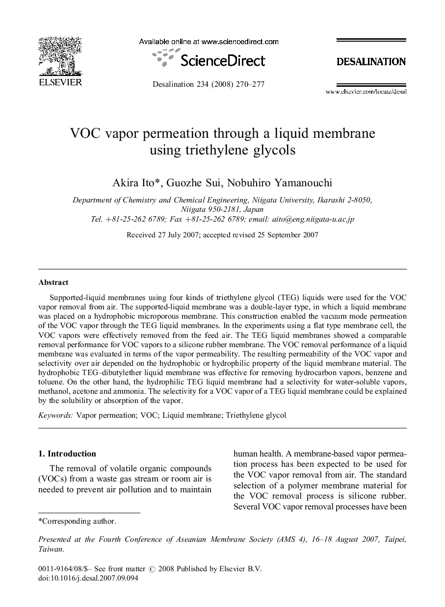 VOC vapor permeation through a liquid membrane using triethylene glycols