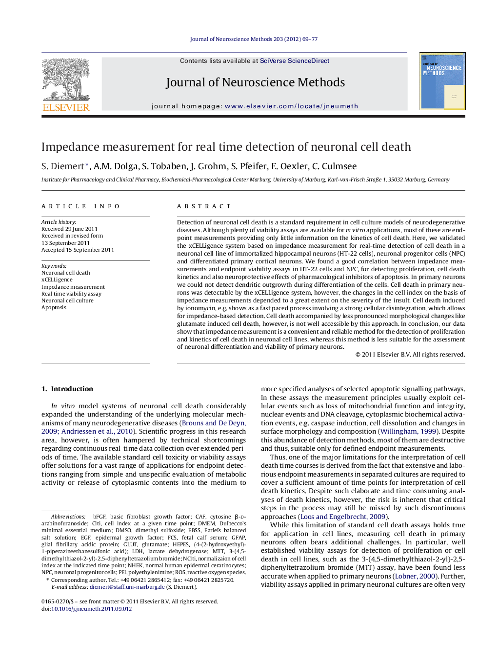 Impedance measurement for real time detection of neuronal cell death