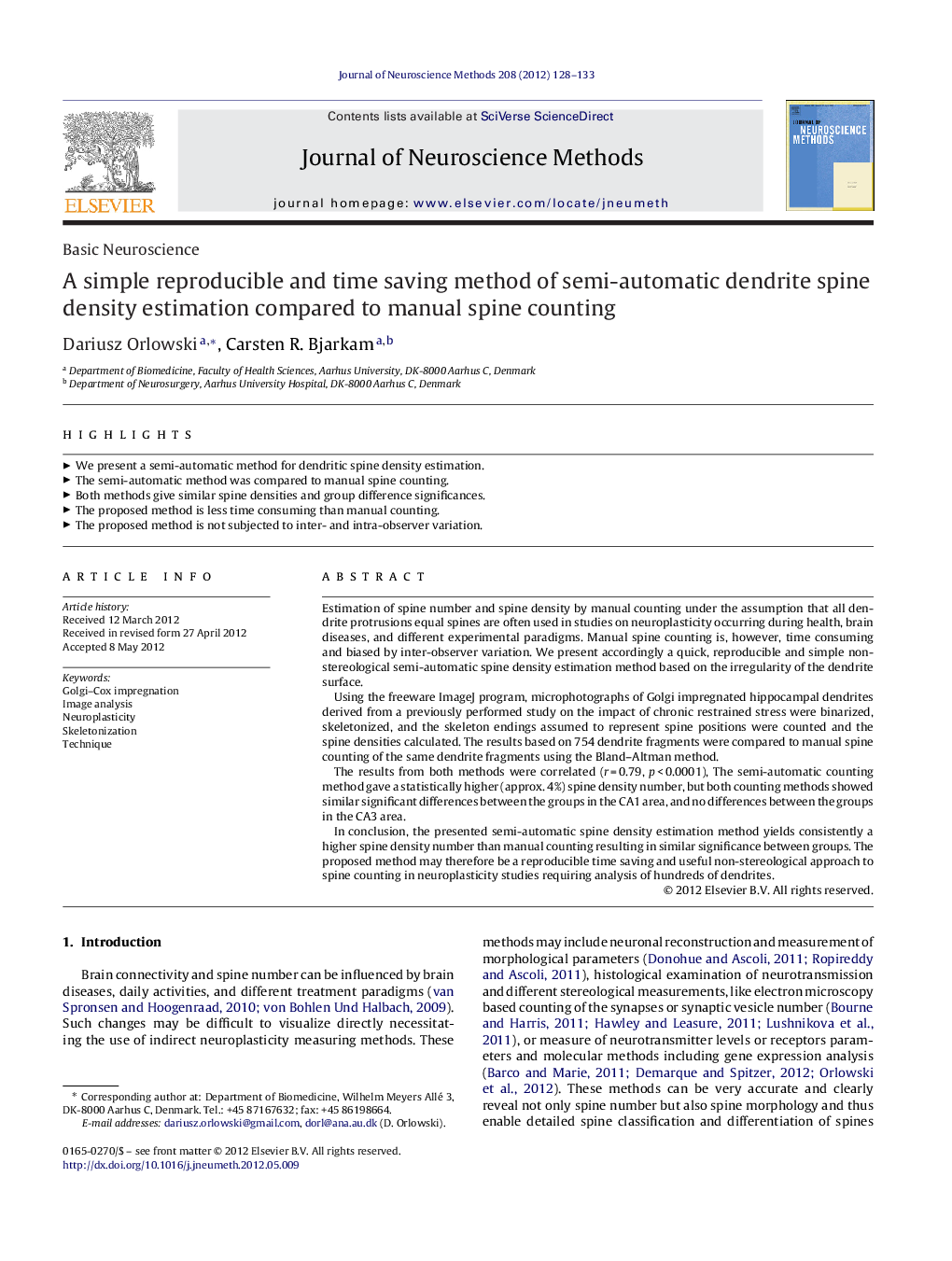 A simple reproducible and time saving method of semi-automatic dendrite spine density estimation compared to manual spine counting