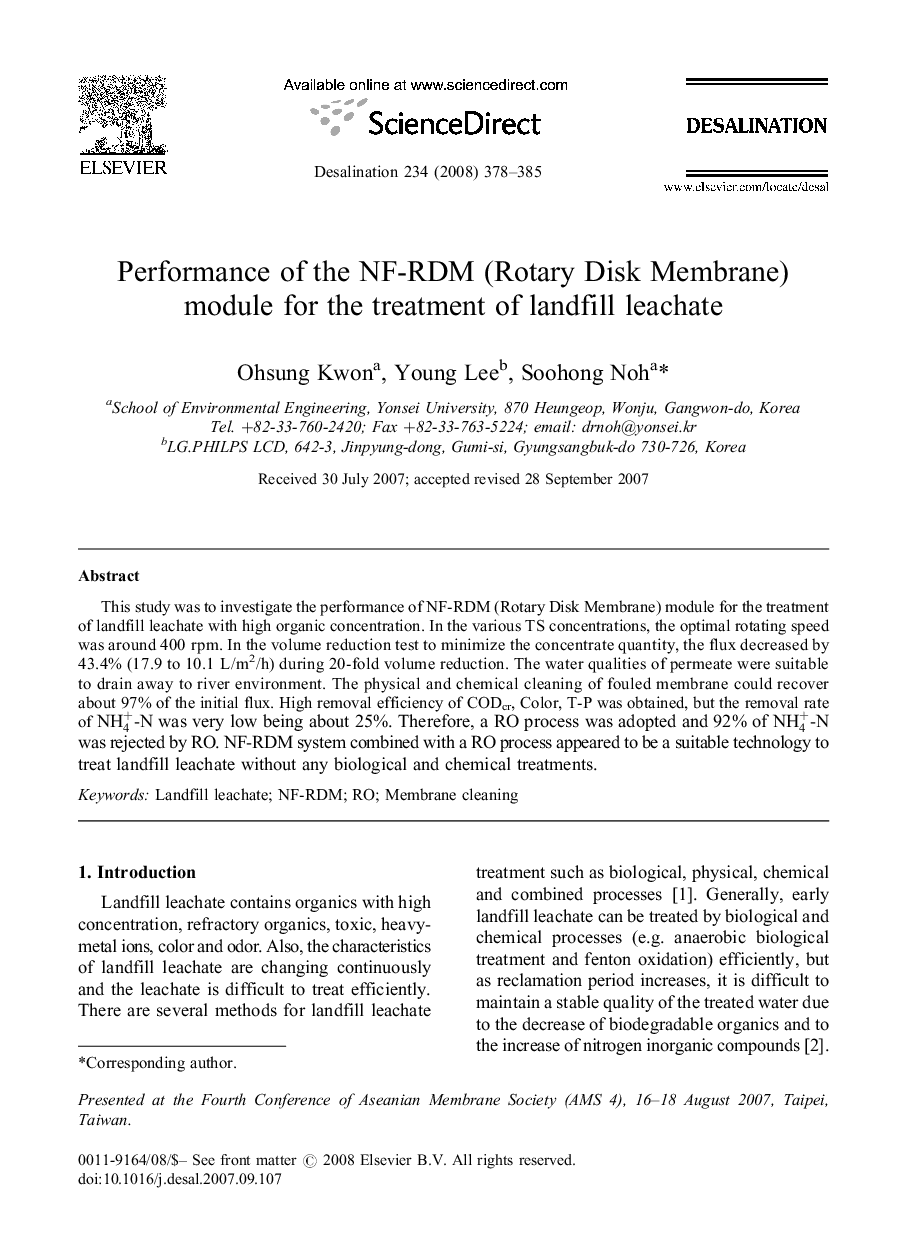 Performance of the NF-RDM (Rotary Disk Membrane) module for the treatment of landfill leachate