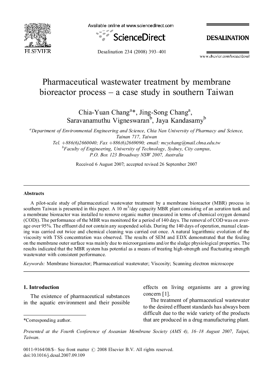 Pharmaceutical wastewater treatment by membrane bioreactor process – a case study in southern Taiwan