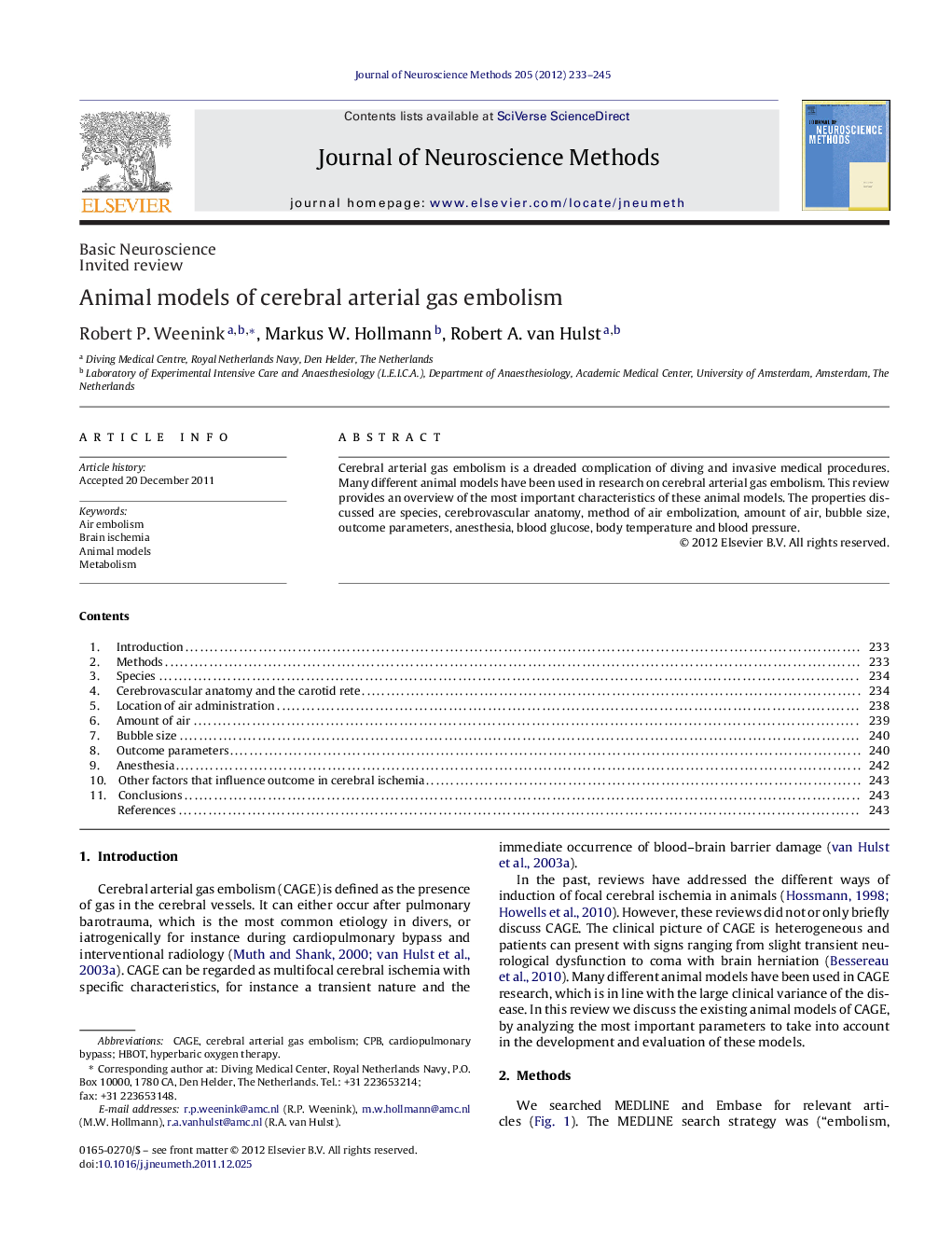 Animal models of cerebral arterial gas embolism