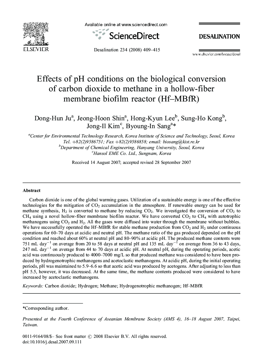 Effects of pH conditions on the biological conversion of carbon dioxide to methane in a hollow-fiber membrane biofilm reactor (Hf–MBfR)