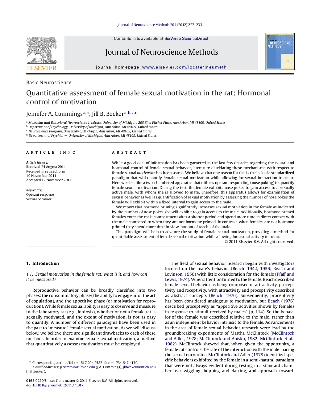 Basic NeuroscienceQuantitative assessment of female sexual motivation in the rat: Hormonal control of motivation