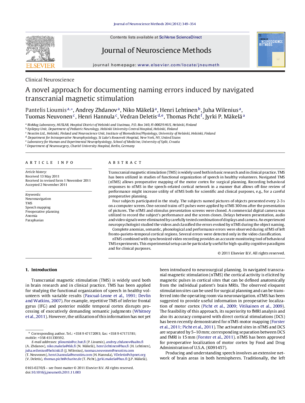 Clinical NeuroscienceA novel approach for documenting naming errors induced by navigated transcranial magnetic stimulation