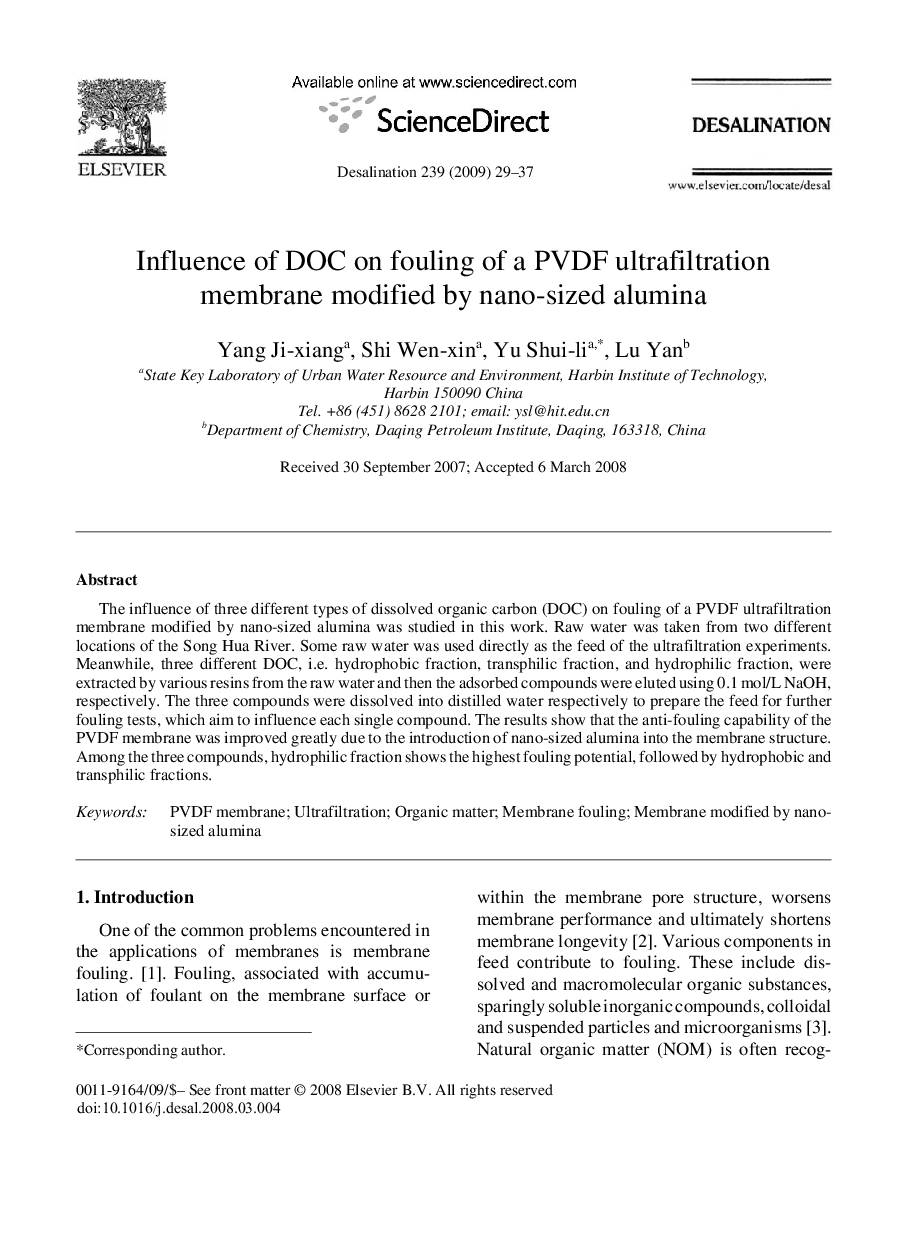 Influence of DOC on fouling of a PVDF ultrafiltration membrane modified by nano-sized alumina