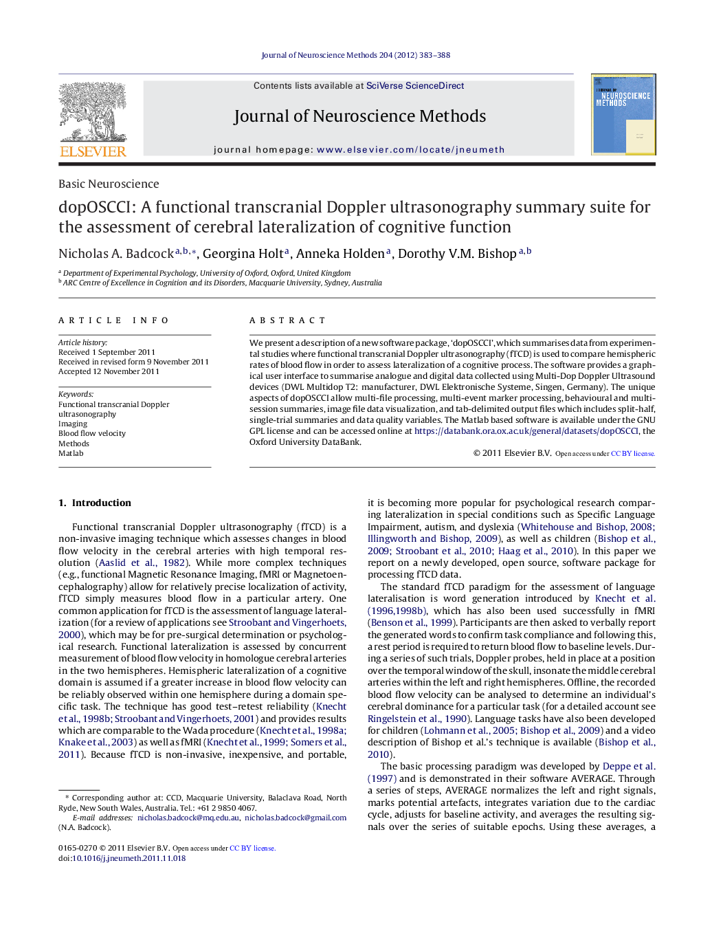 Basic NeurosciencedopOSCCI: A functional transcranial Doppler ultrasonography summary suite for the assessment of cerebral lateralization of cognitive function