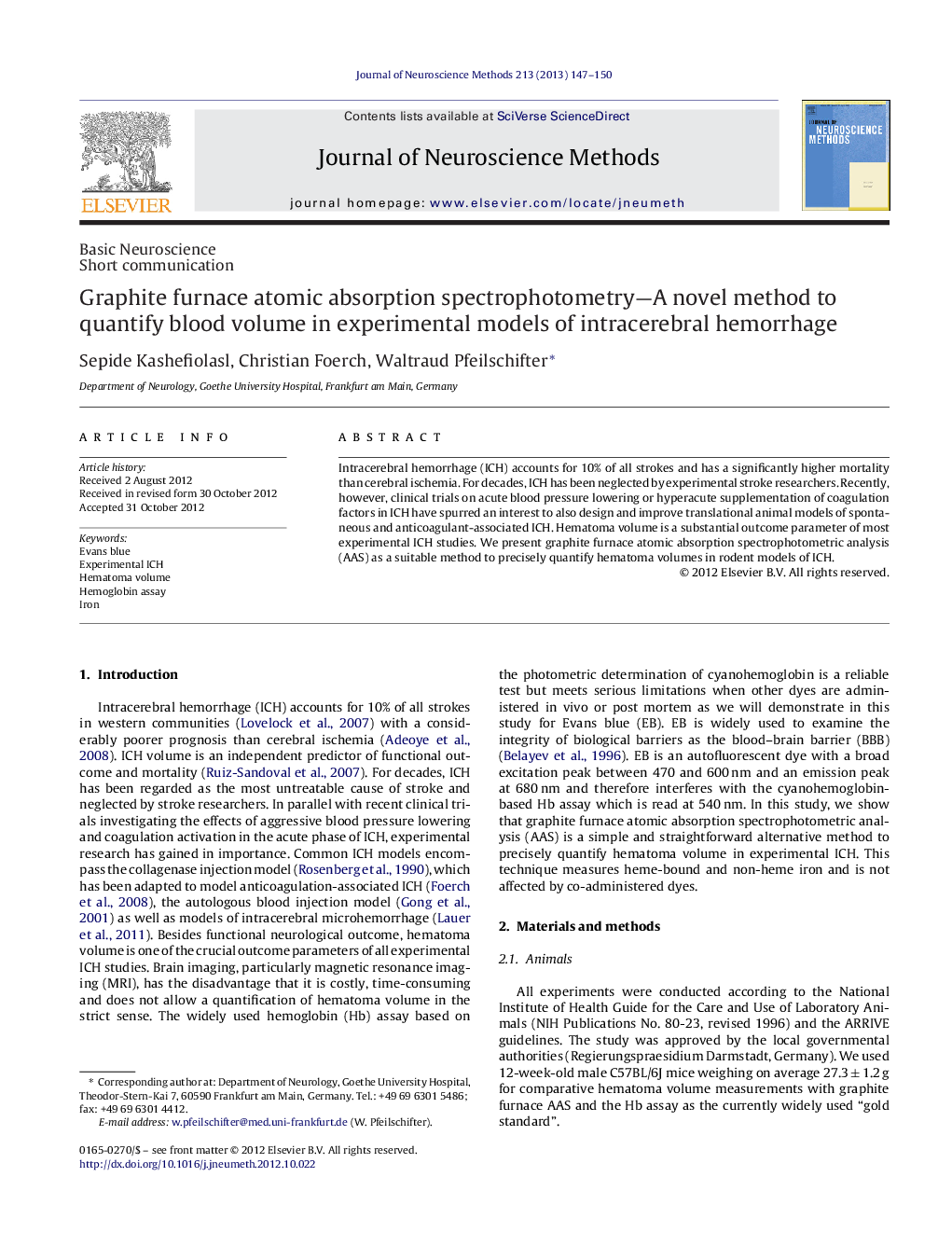 Graphite furnace atomic absorption spectrophotometry-A novel method to quantify blood volume in experimental models of intracerebral hemorrhage