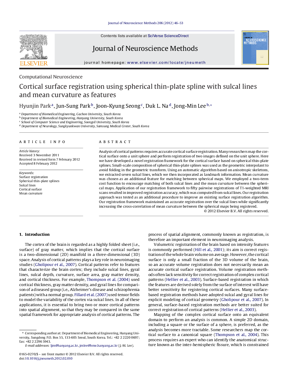 Computational NeuroscienceCortical surface registration using spherical thin-plate spline with sulcal lines and mean curvature as features