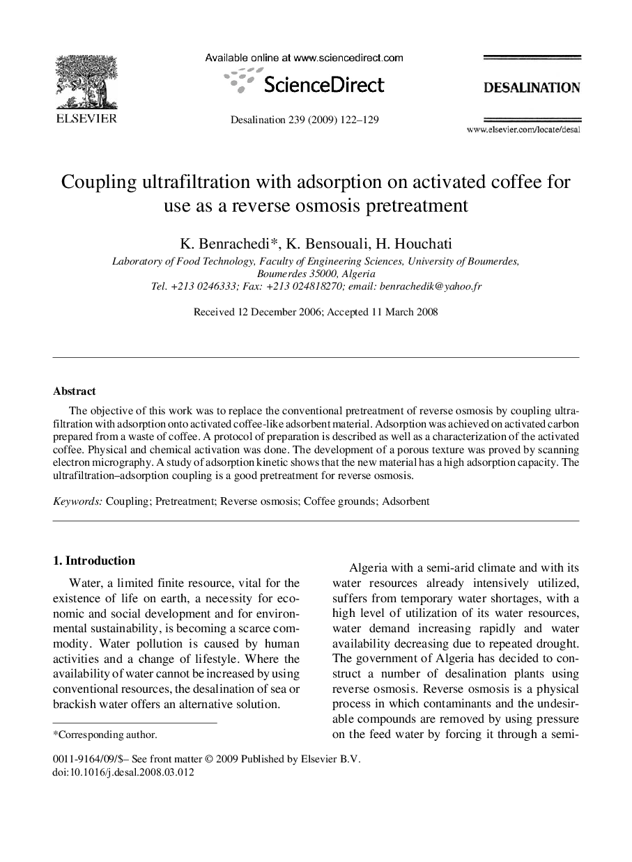 Coupling ultrafiltration with adsorption on activated coffee for use as a reverse osmosis pretreatment