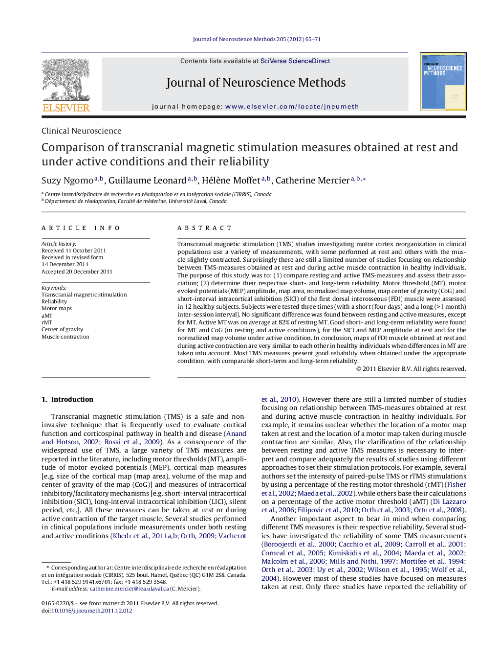 Clinical NeuroscienceComparison of transcranial magnetic stimulation measures obtained at rest and under active conditions and their reliability