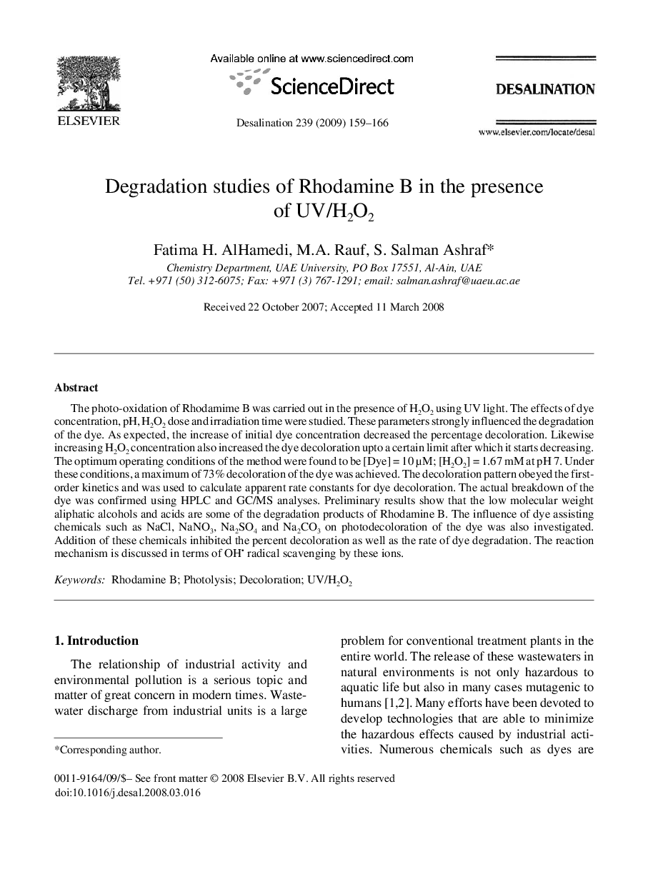 Degradation studies of Rhodamine B in the presence of UV/H2O2