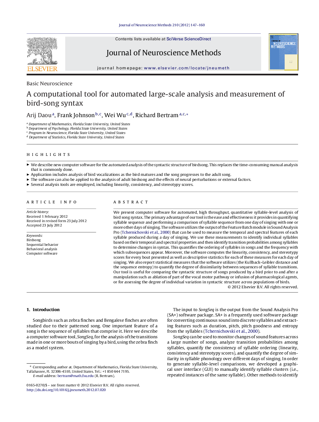 Basic NeuroscienceA computational tool for automated large-scale analysis and measurement of bird-song syntax