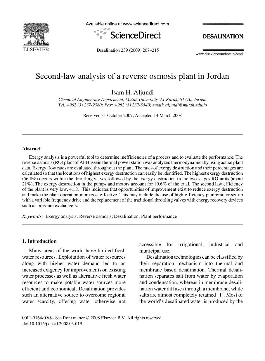 Second-law analysis of a reverse osmosis plant in Jordan