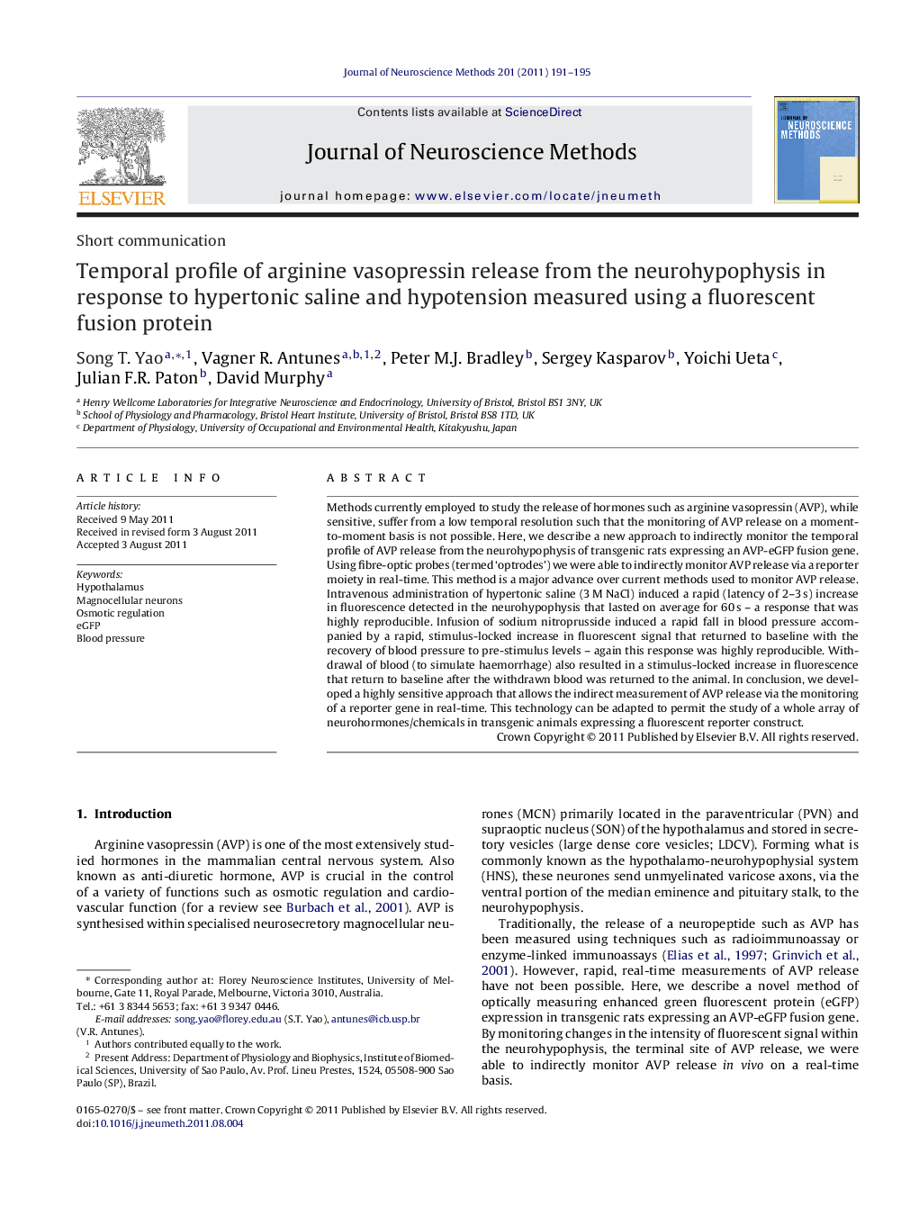 Short communicationTemporal profile of arginine vasopressin release from the neurohypophysis in response to hypertonic saline and hypotension measured using a fluorescent fusion protein