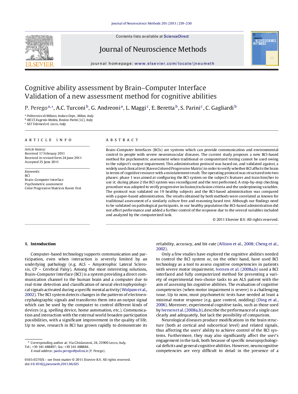 Cognitive ability assessment by Brain-Computer Interface