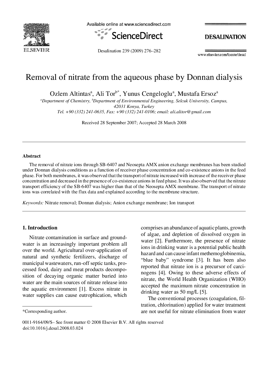 Removal of nitrate from the aqueous phase by Donnan dialysis