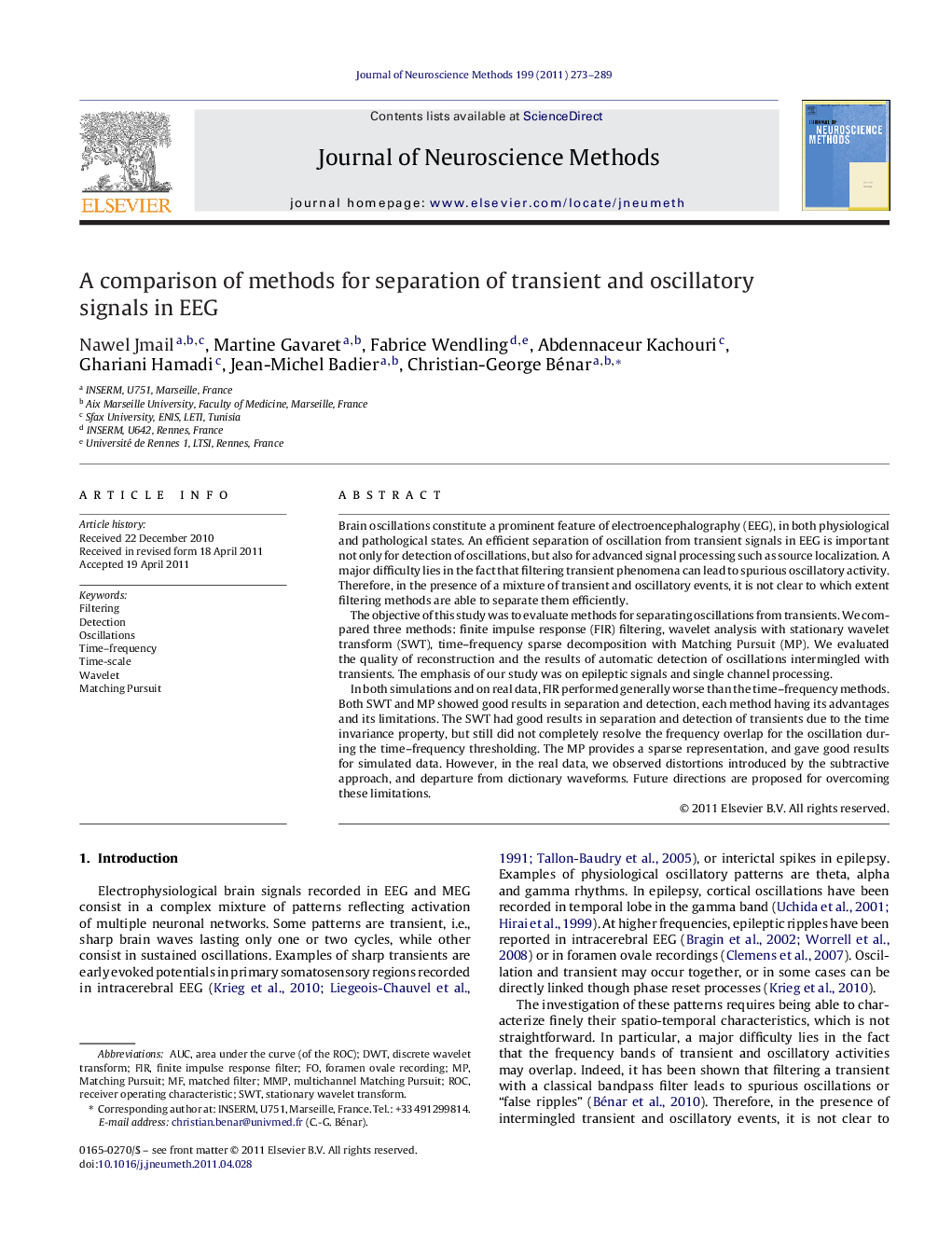 A comparison of methods for separation of transient and oscillatory signals in EEG