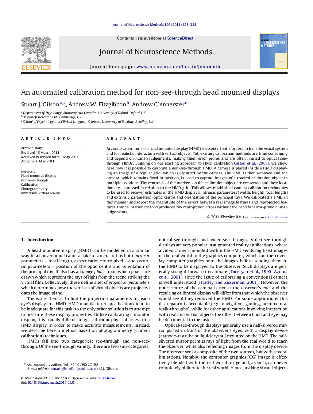 An automated calibration method for non-see-through head mounted displays