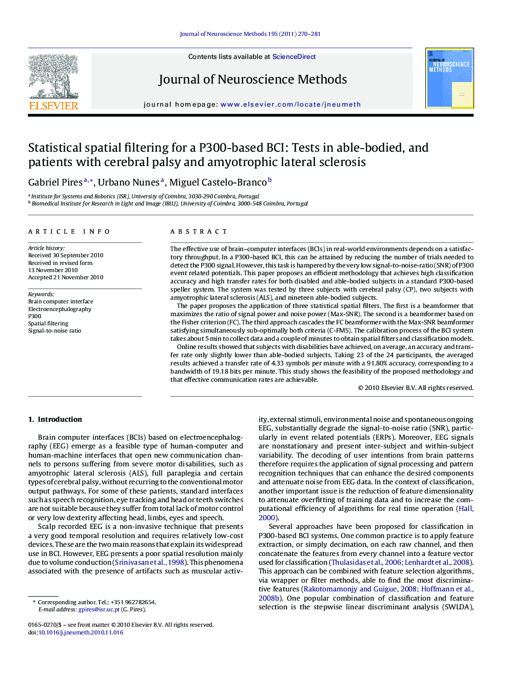 Statistical spatial filtering for a P300-based BCI: Tests in able-bodied, and patients with cerebral palsy and amyotrophic lateral sclerosis