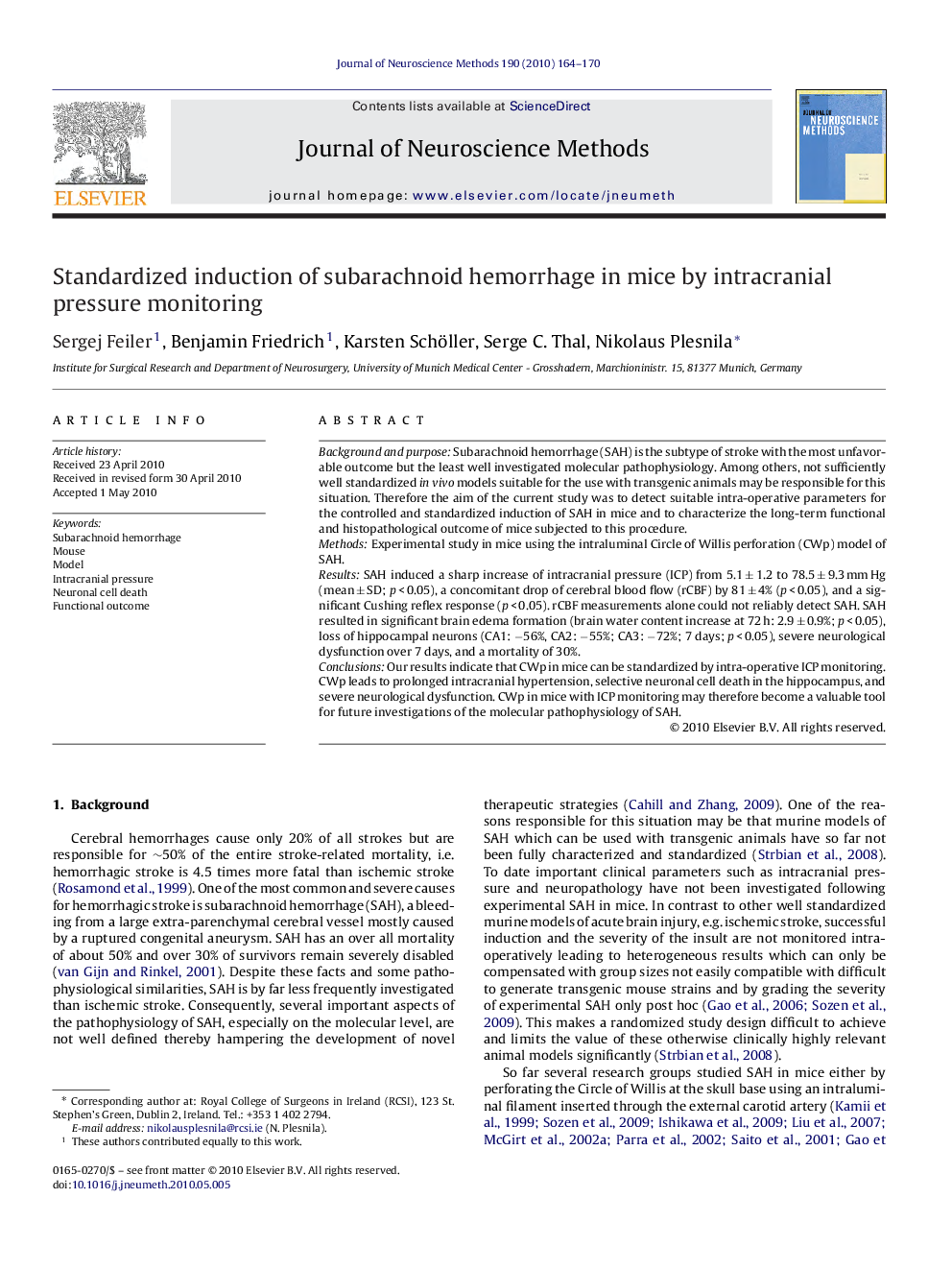 Standardized induction of subarachnoid hemorrhage in mice by intracranial pressure monitoring