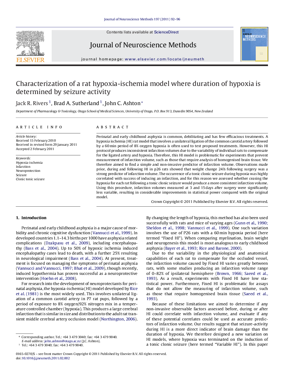 Characterization of a rat hypoxia-ischemia model where duration of hypoxia is determined by seizure activity