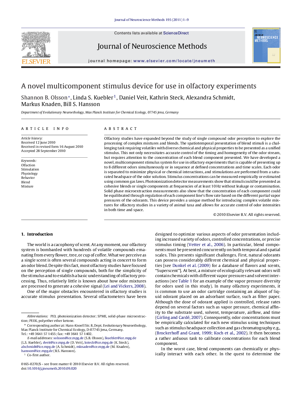 A novel multicomponent stimulus device for use in olfactory experiments