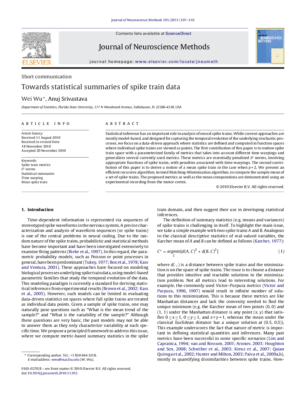 Short communicationTowards statistical summaries of spike train data