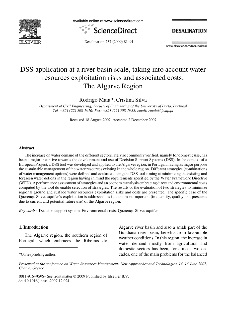DSS application at a river basin scale, taking into account water resources exploitation risks and associated costs: The Algarve Region