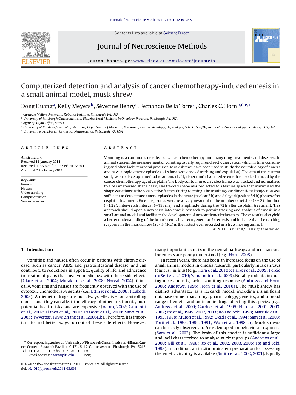 Computerized detection and analysis of cancer chemotherapy-induced emesis in a small animal model, musk shrew