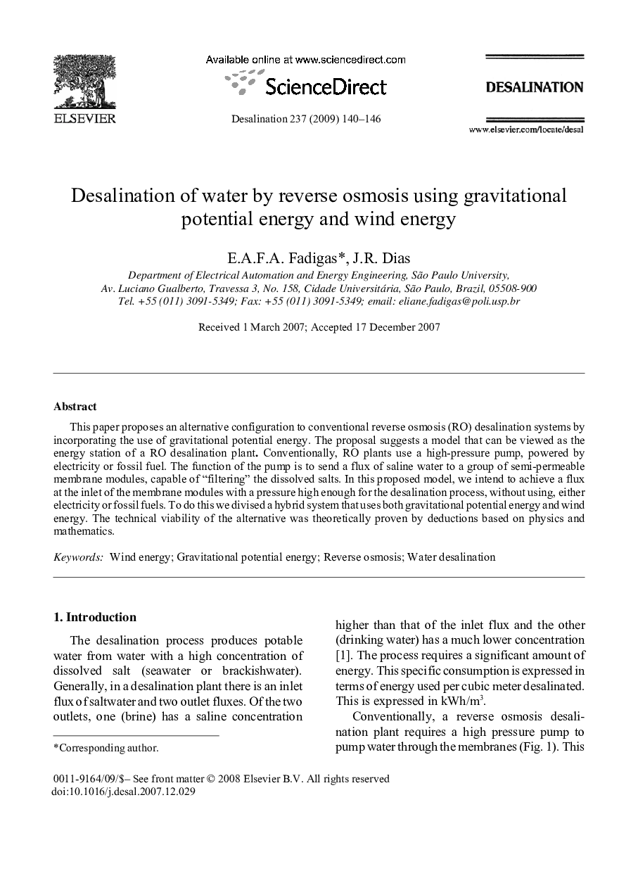 Desalination of water by reverse osmosis using gravitational potential energy and wind energy