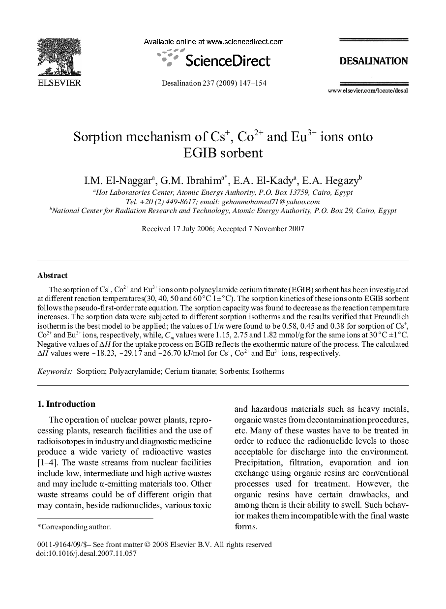 Sorption mechanism of Cs+, Co2+ and Eu3+ ions onto EGIB sorbent