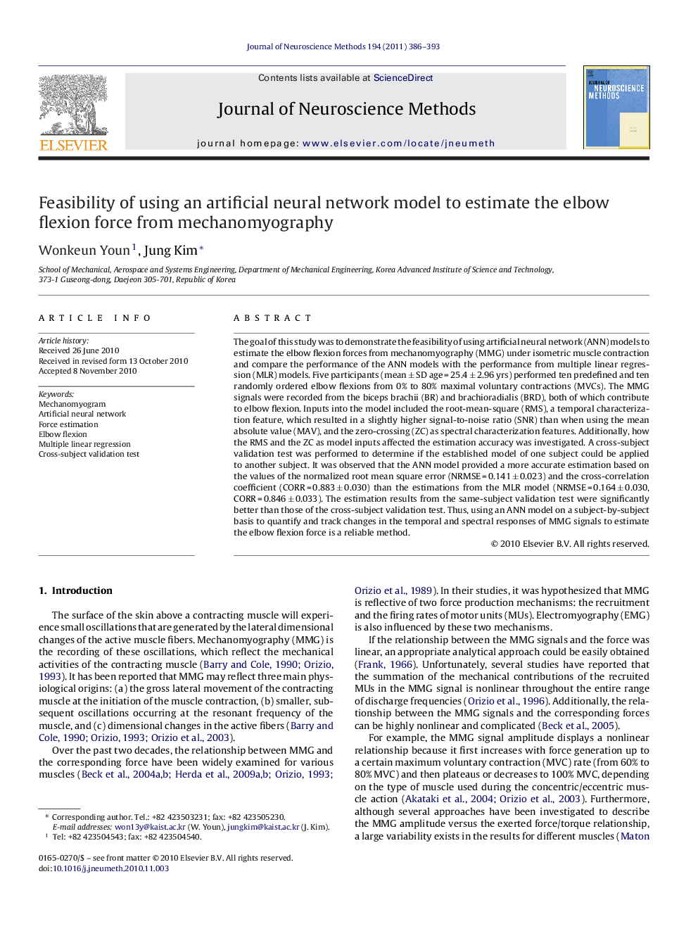 Feasibility of using an artificial neural network model to estimate the elbow flexion force from mechanomyography