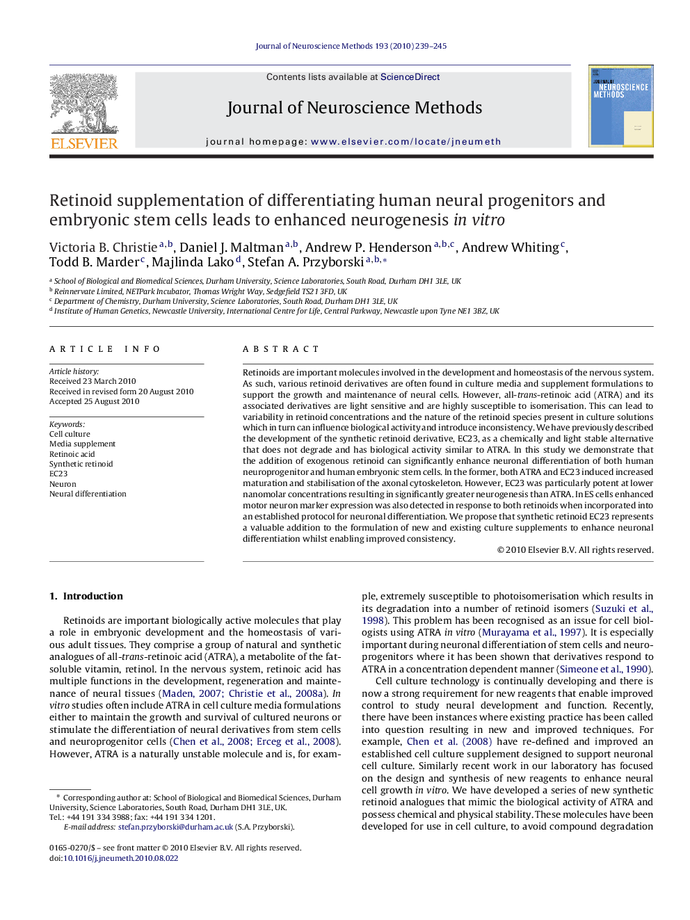 Retinoid supplementation of differentiating human neural progenitors and embryonic stem cells leads to enhanced neurogenesis in vitro