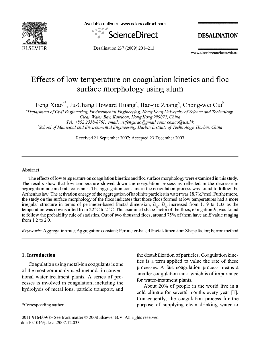 Effects of low temperature on coagulation kinetics and floc surface morphology using alum