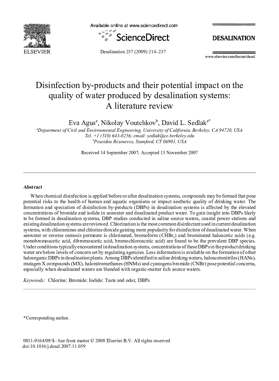 Disinfection by-products and their potential impact on the quality of water produced by desalination systems: A literature review