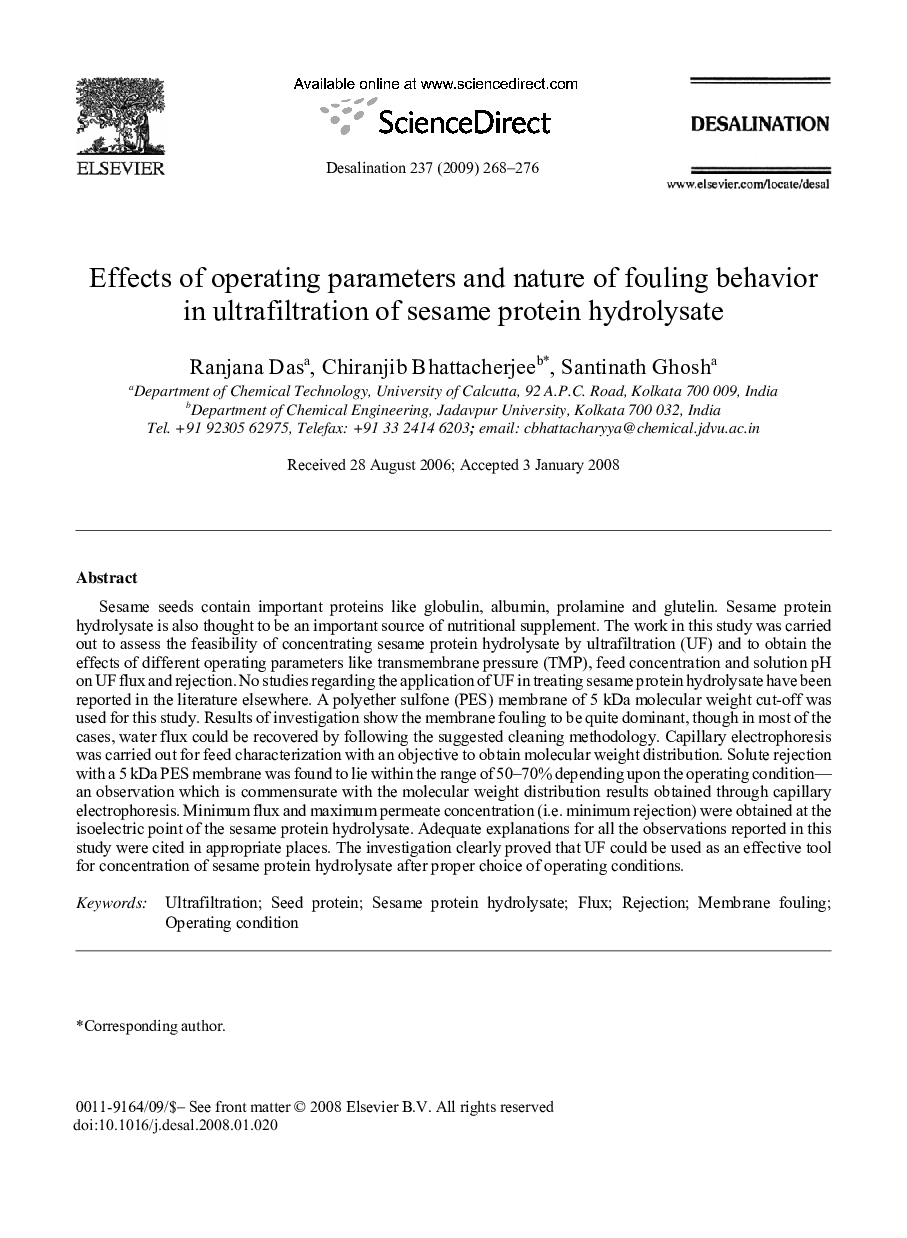 Effects of operating parameters and nature of fouling behavior in ultrafiltration of sesame protein hydrolysate