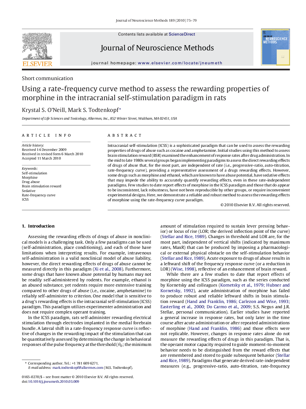 Short communicationUsing a rate-frequency curve method to assess the rewarding properties of morphine in the intracranial self-stimulation paradigm in rats