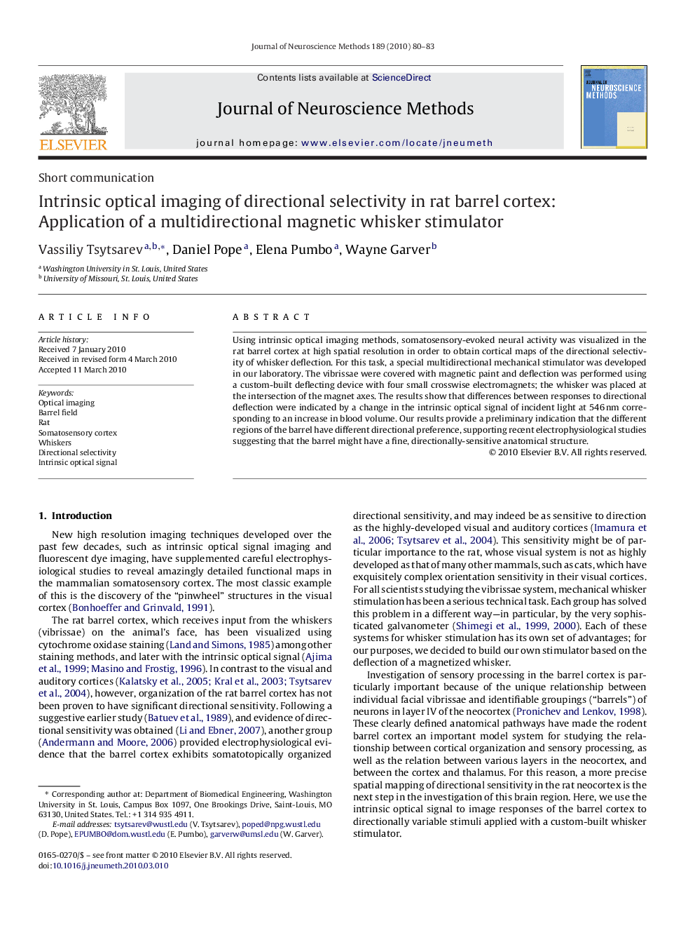عکس صفحه اول مقاله: Short communicationIntrinsic optical imaging of directional selectivity in rat barrel cortex: Application of a multidirectional magnetic whisker stimulator Short communicationIntrinsic optical imaging of directional selectivity in rat barrel cortex: Application of a multidirectional magnetic whisker stimulator