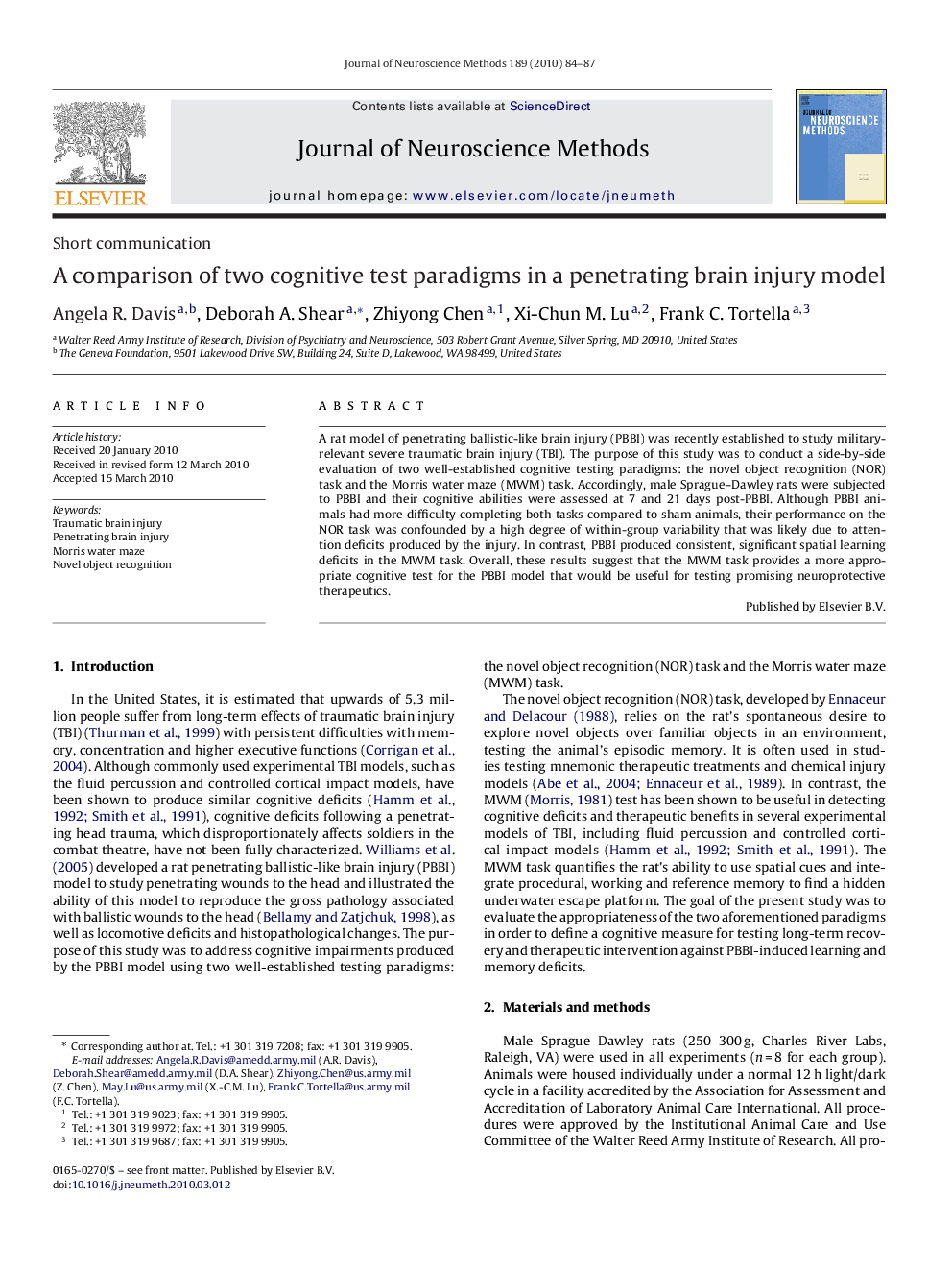 Short communicationA comparison of two cognitive test paradigms in a penetrating brain injury model