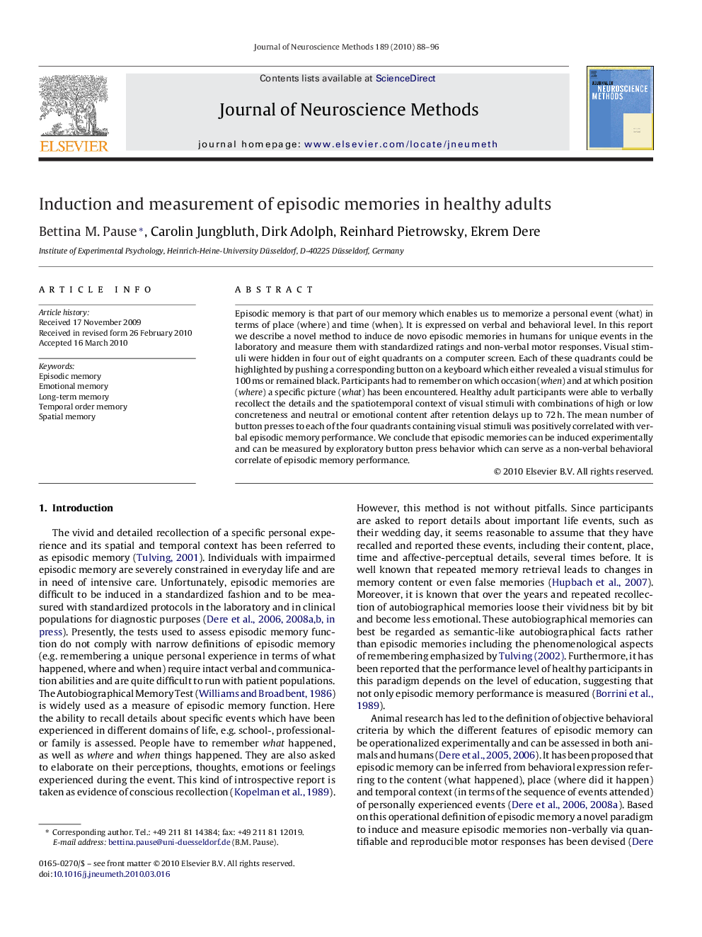 Induction and measurement of episodic memories in healthy adults