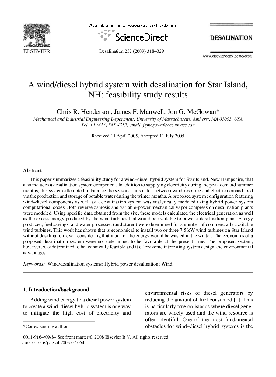A wind/diesel hybrid system with desalination for Star Island, NH: feasibility study results