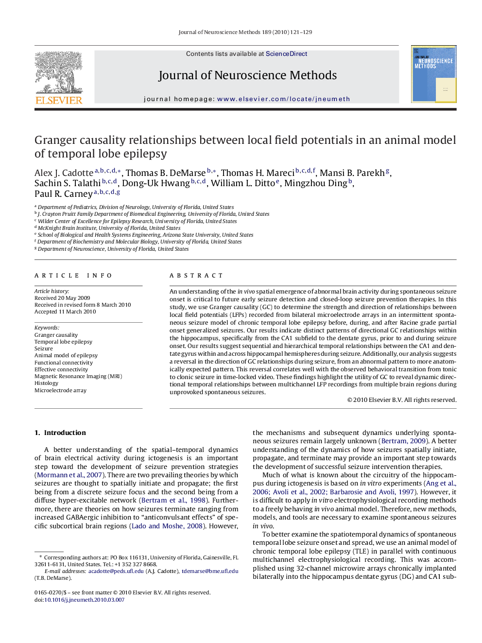 Granger causality relationships between local field potentials in an animal model of temporal lobe epilepsy