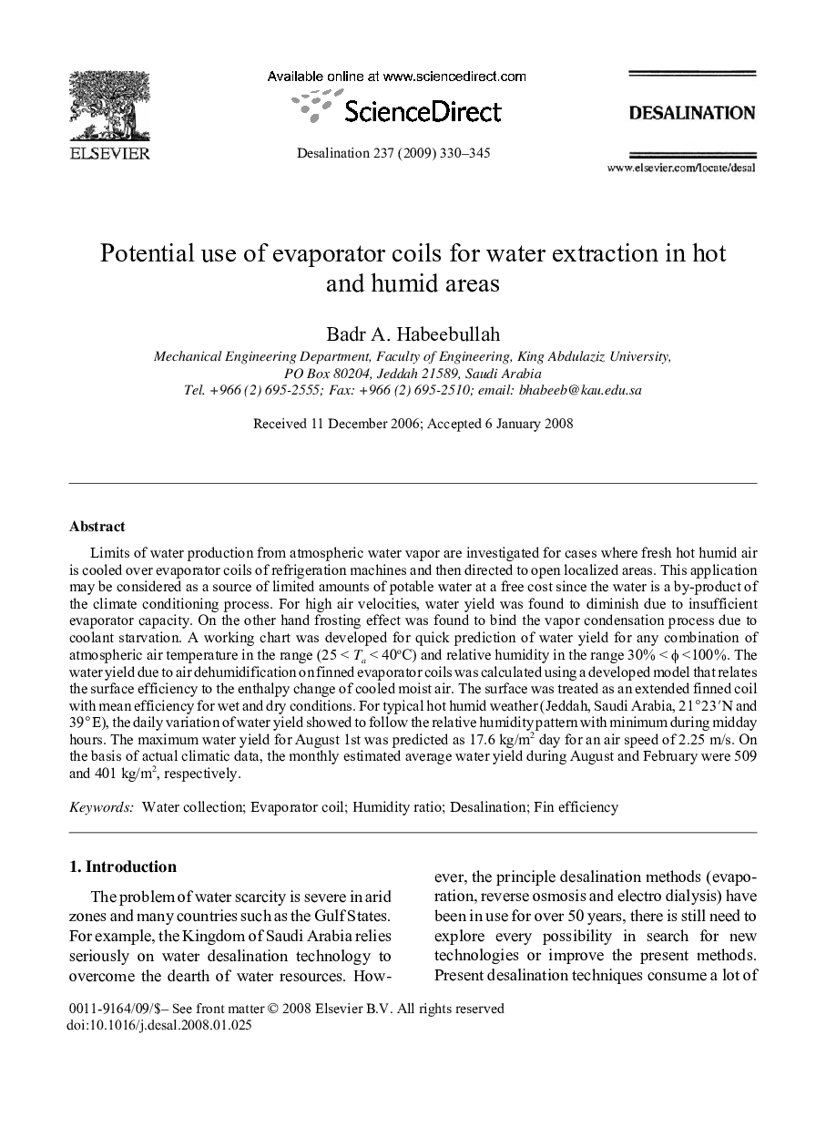 Potential use of evaporator coils for water extraction in hot and humid areas