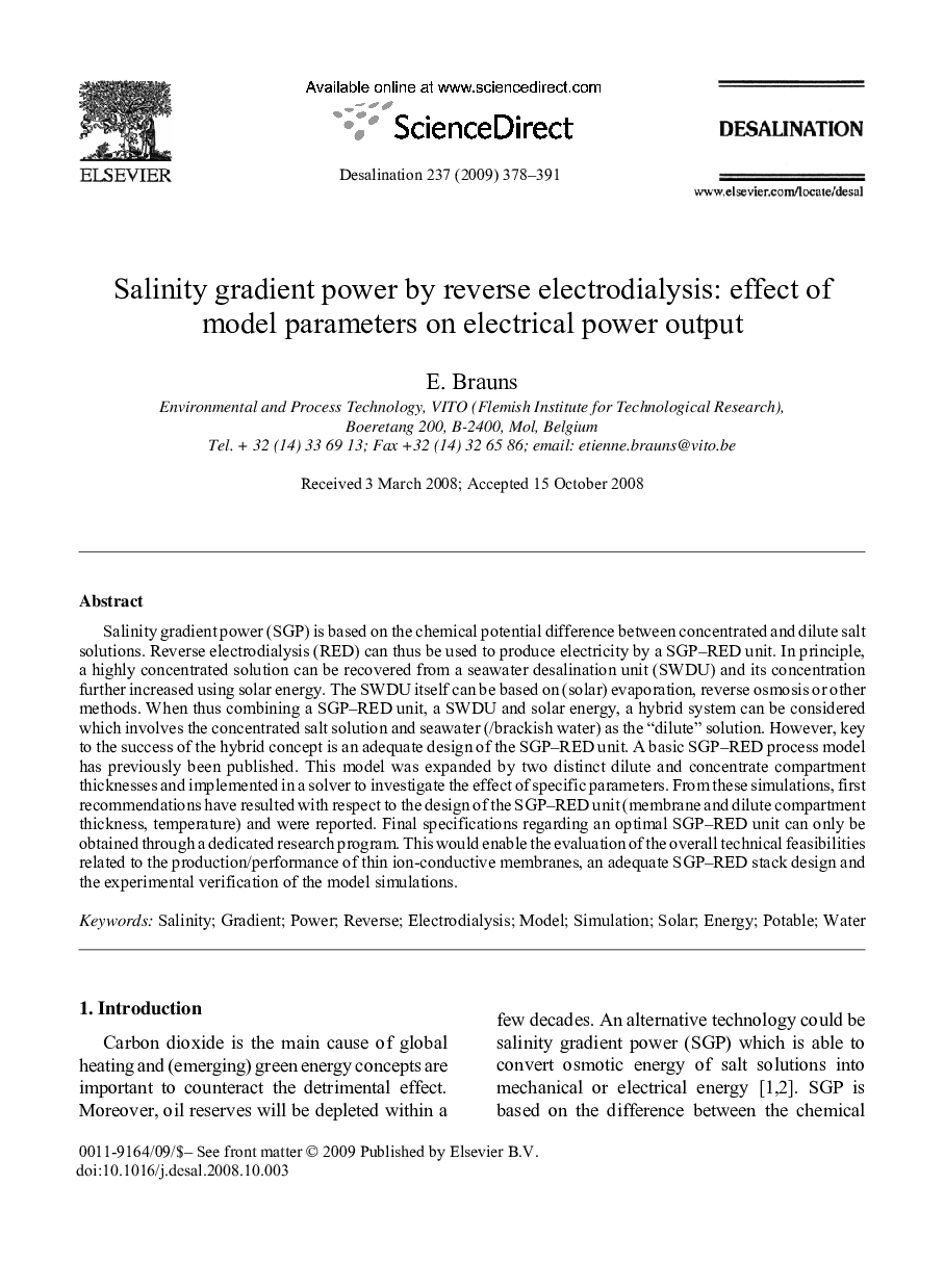 Salinity gradient power by reverse electrodialysis: effect of model parameters on electrical power output